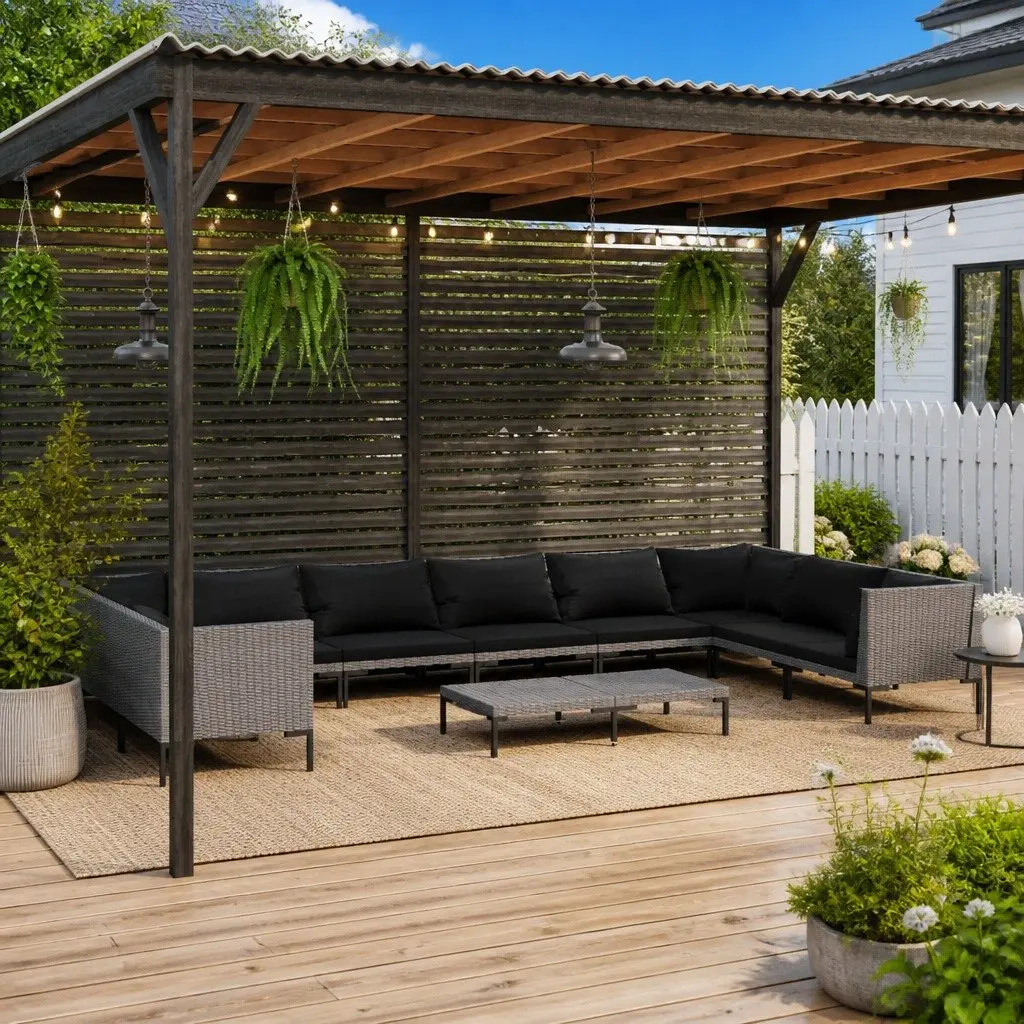Garden Lounge Set Grey Poly Rattan 11 Piece Outdoor Patio Furniture