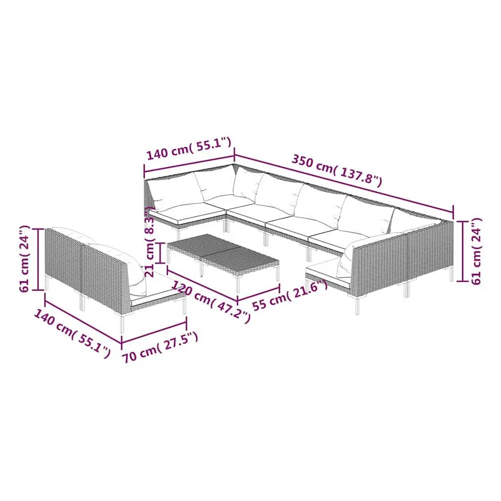 10 Piece Grey Garden Lounge Set Outdoor Patio Furniture Rattan with Cushions
