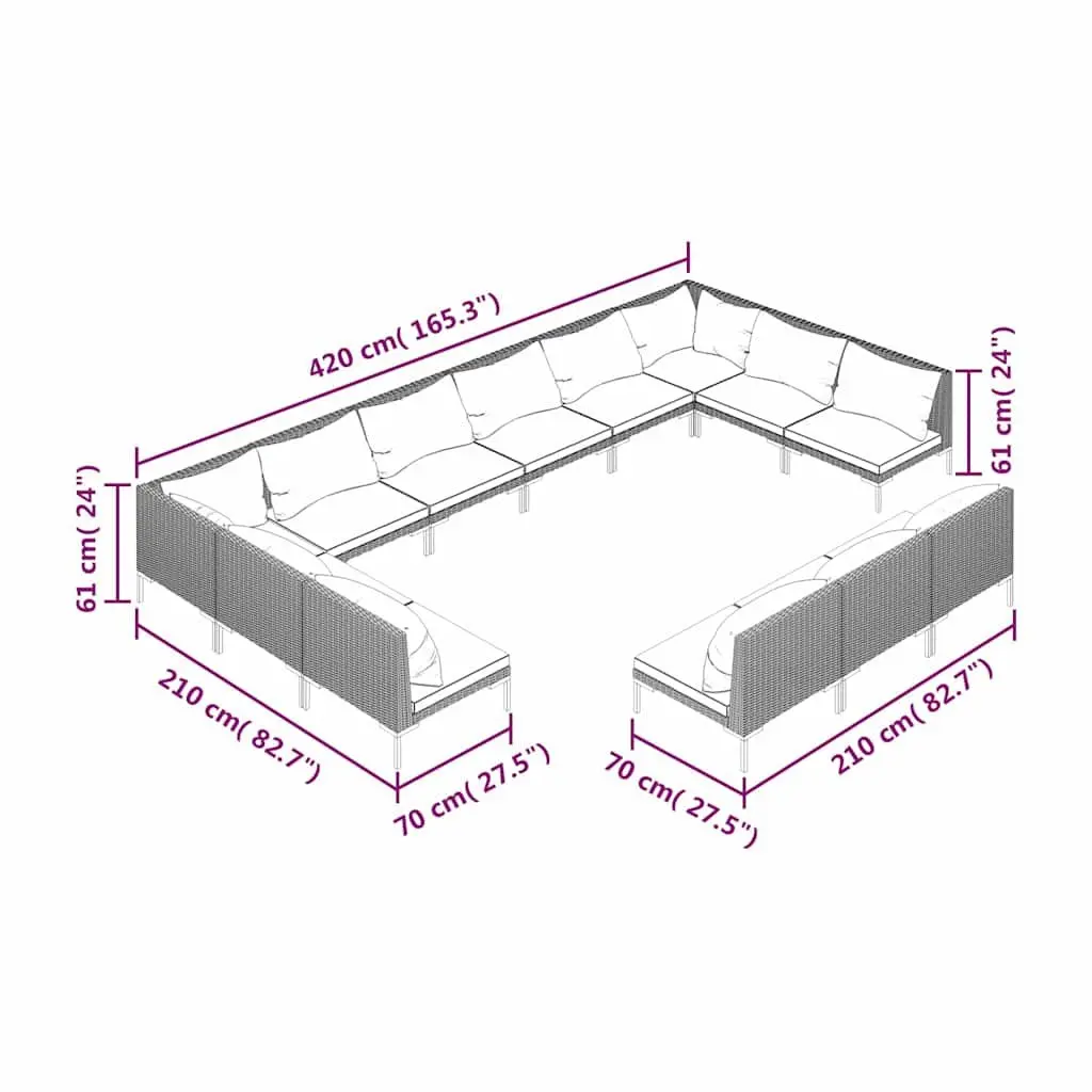 13 Piece Garden Lounge Set with Cushions Weather-resistant Poly Rattan Outdoor Patio Furniture