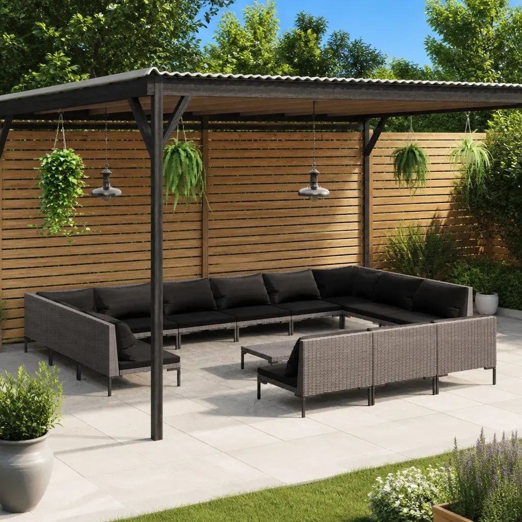 14 Piece Garden Lounge Set with Cushions Grey Poly Rattan Outdoor Furniture