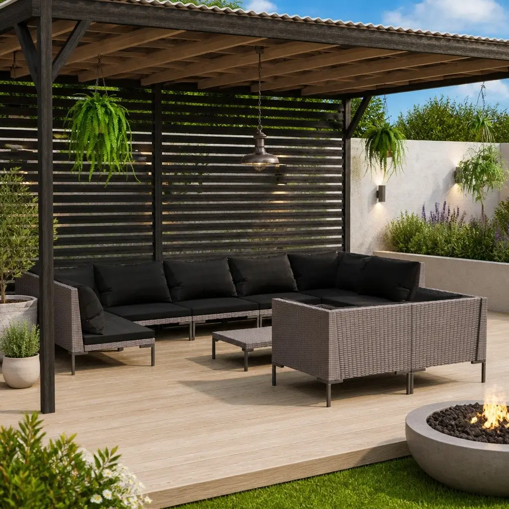10 Piece Outdoor Garden Lounge Set Grey Cushions Durable Poly Rattan Furniture