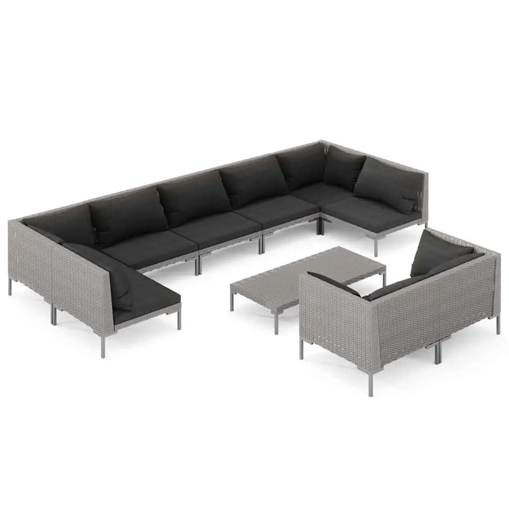10 Piece Outdoor Garden Lounge Set Grey Cushions Durable Poly Rattan Furniture