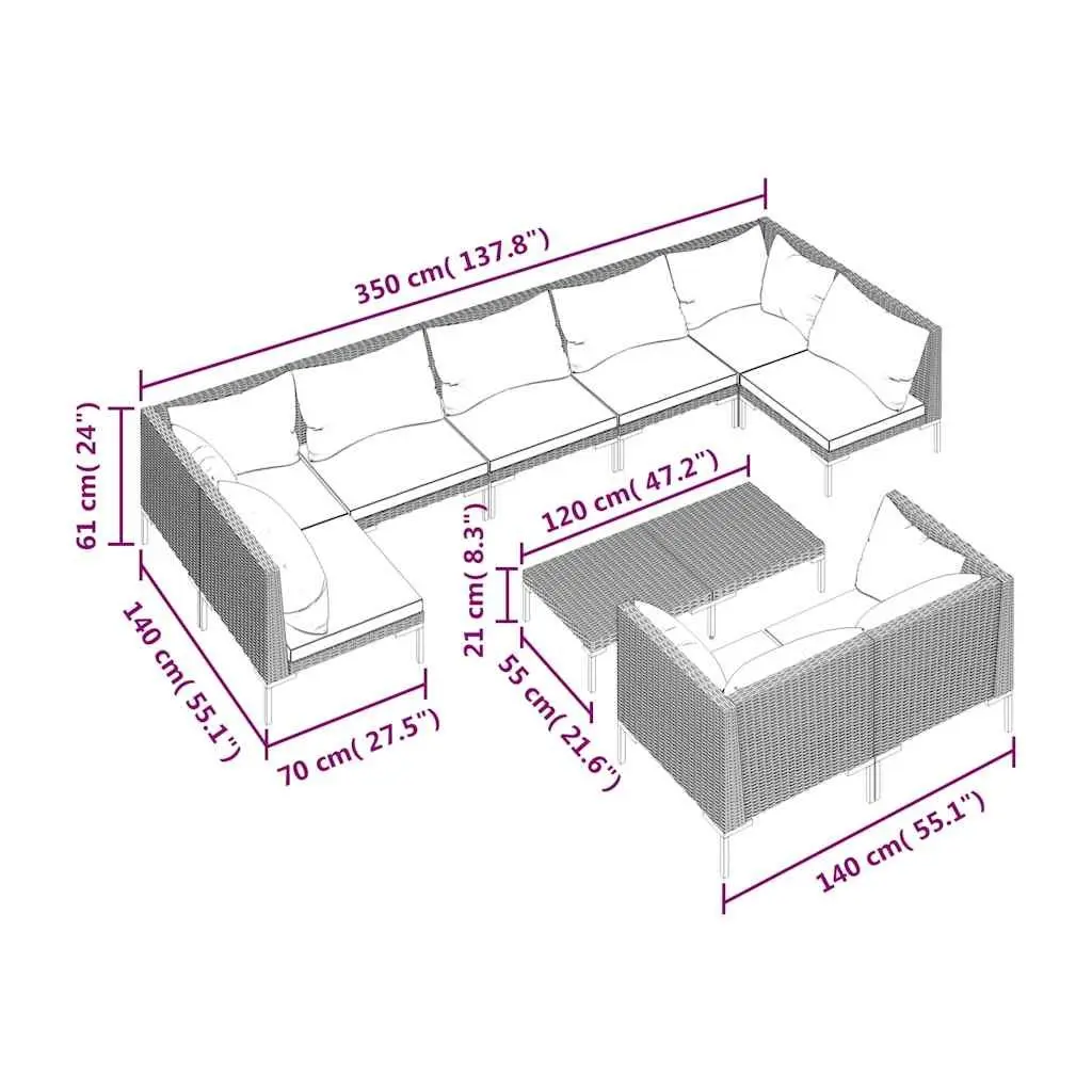 10 Piece Outdoor Garden Lounge Set Grey Cushions Durable Poly Rattan Furniture