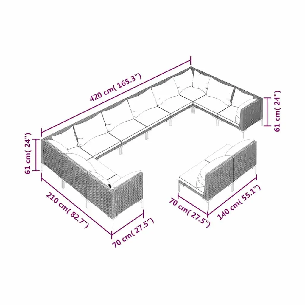 Outdoor Patio Furniture Set 12 Piece Lightweight Grey Rattan Sofa Removable Cushions