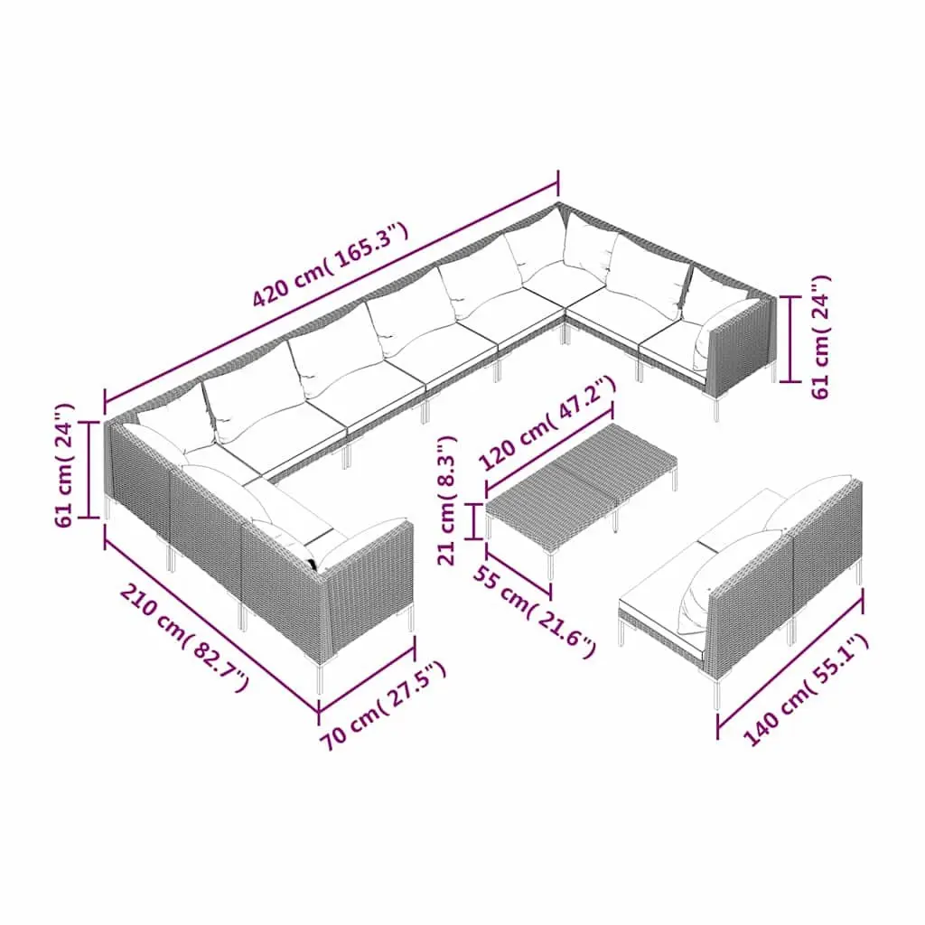 Outdoor Furniture Set 13 Piece Grey Rattan Lounge Patio Sofa with Powder Coated Steel Frame and Padded Cushions