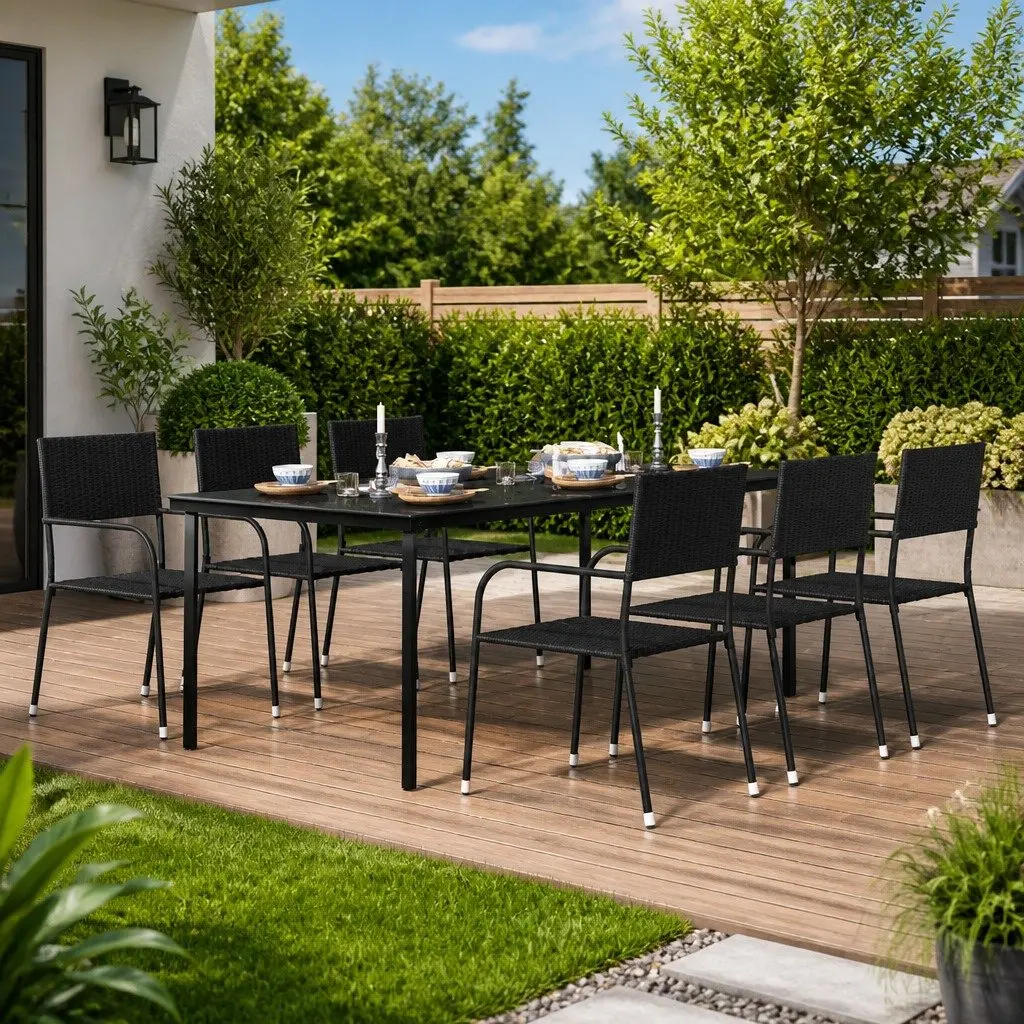 Garden Dining Table Black Steel Frame Glass Top 200 x 100 x 74 cm