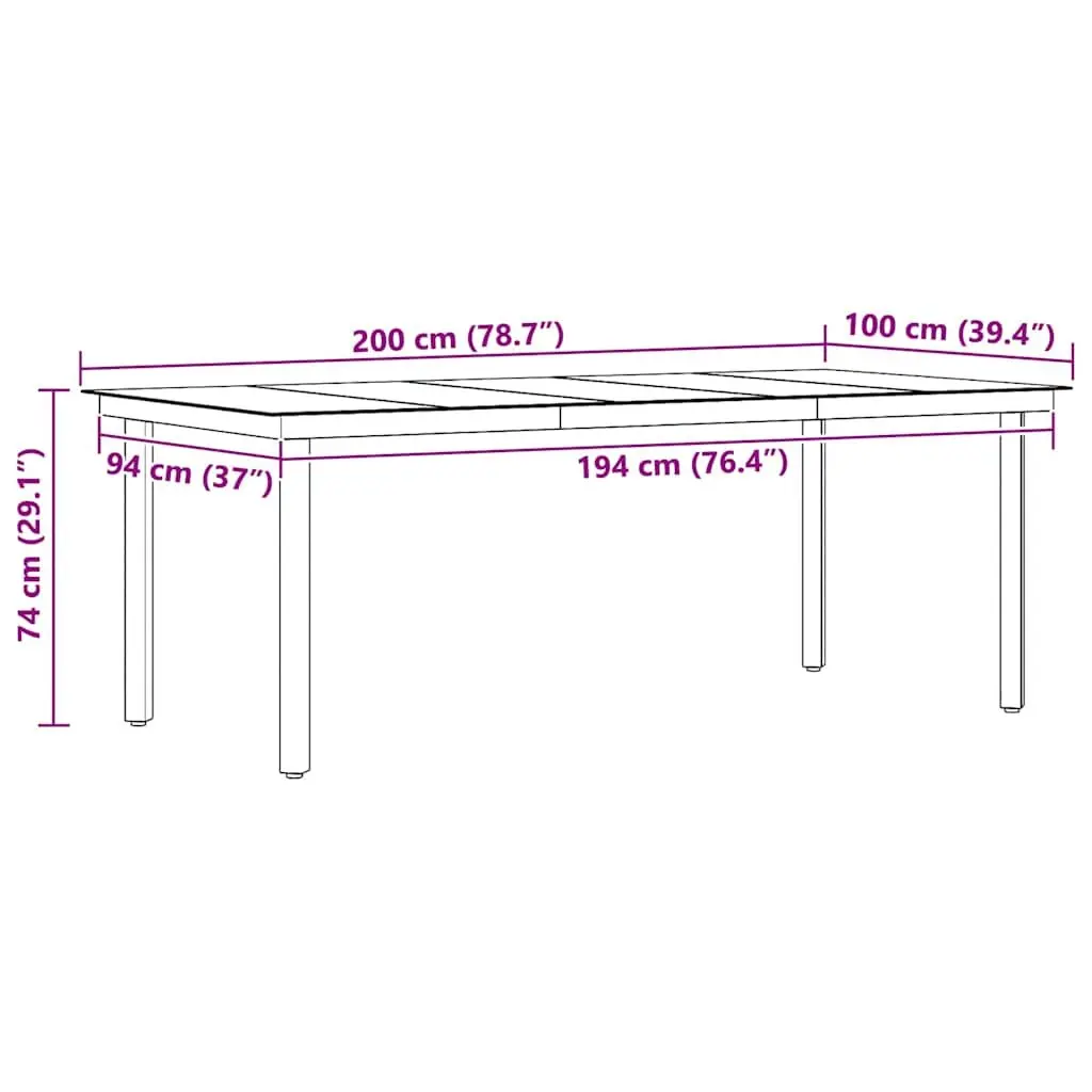 Garden Dining Table Black Steel Frame Glass Top 200 x 100 x 74 cm