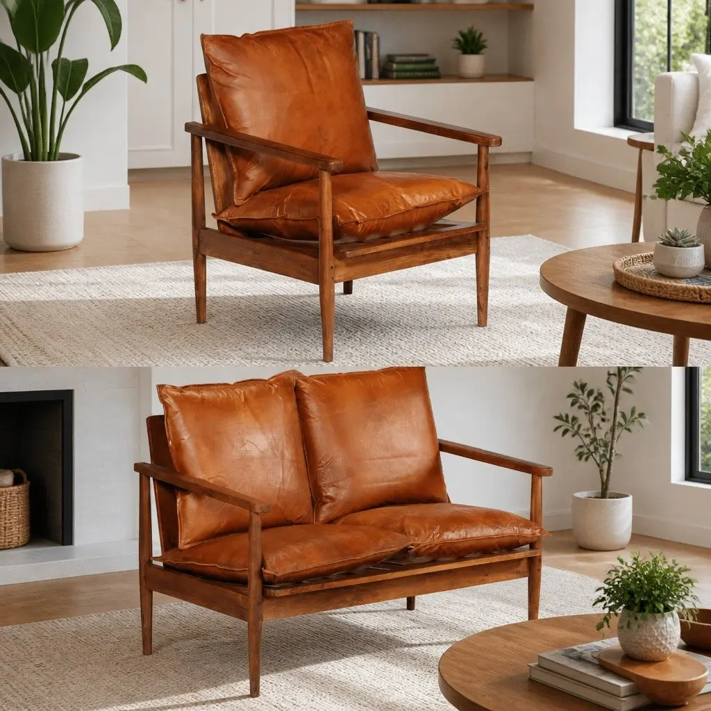 2 Piece Sofa Set Brown Real Leather Solid Acacia Wood