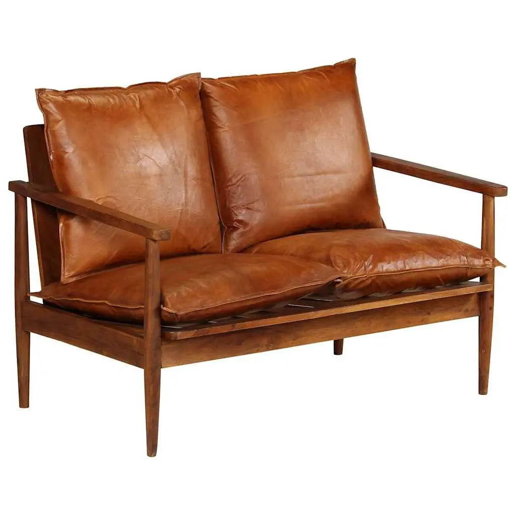 2 Piece Sofa Set Brown Real Leather Solid Acacia Wood