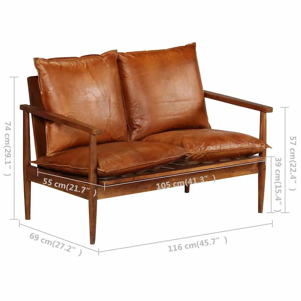 2 Piece Sofa Set Brown Real Leather Solid Acacia Wood