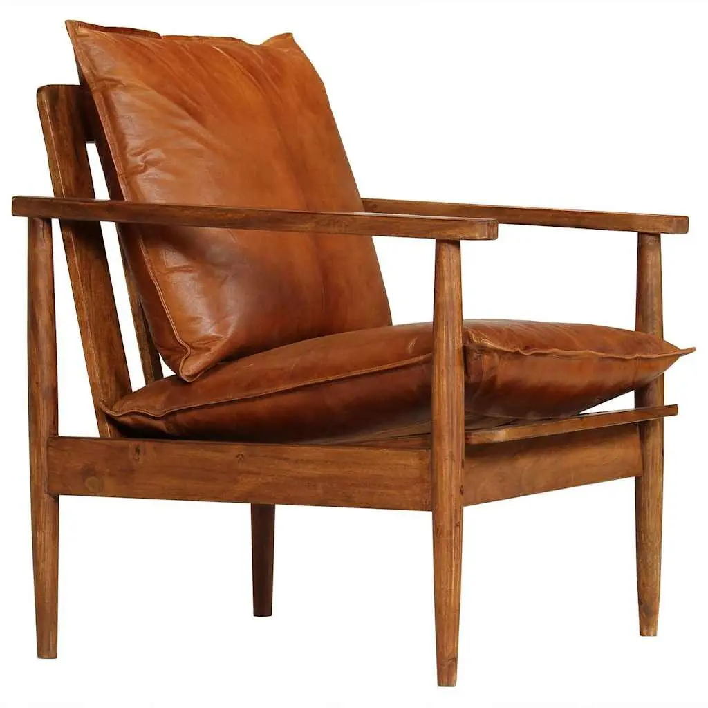 2 Piece Sofa Set Brown Real Leather Solid Acacia Wood