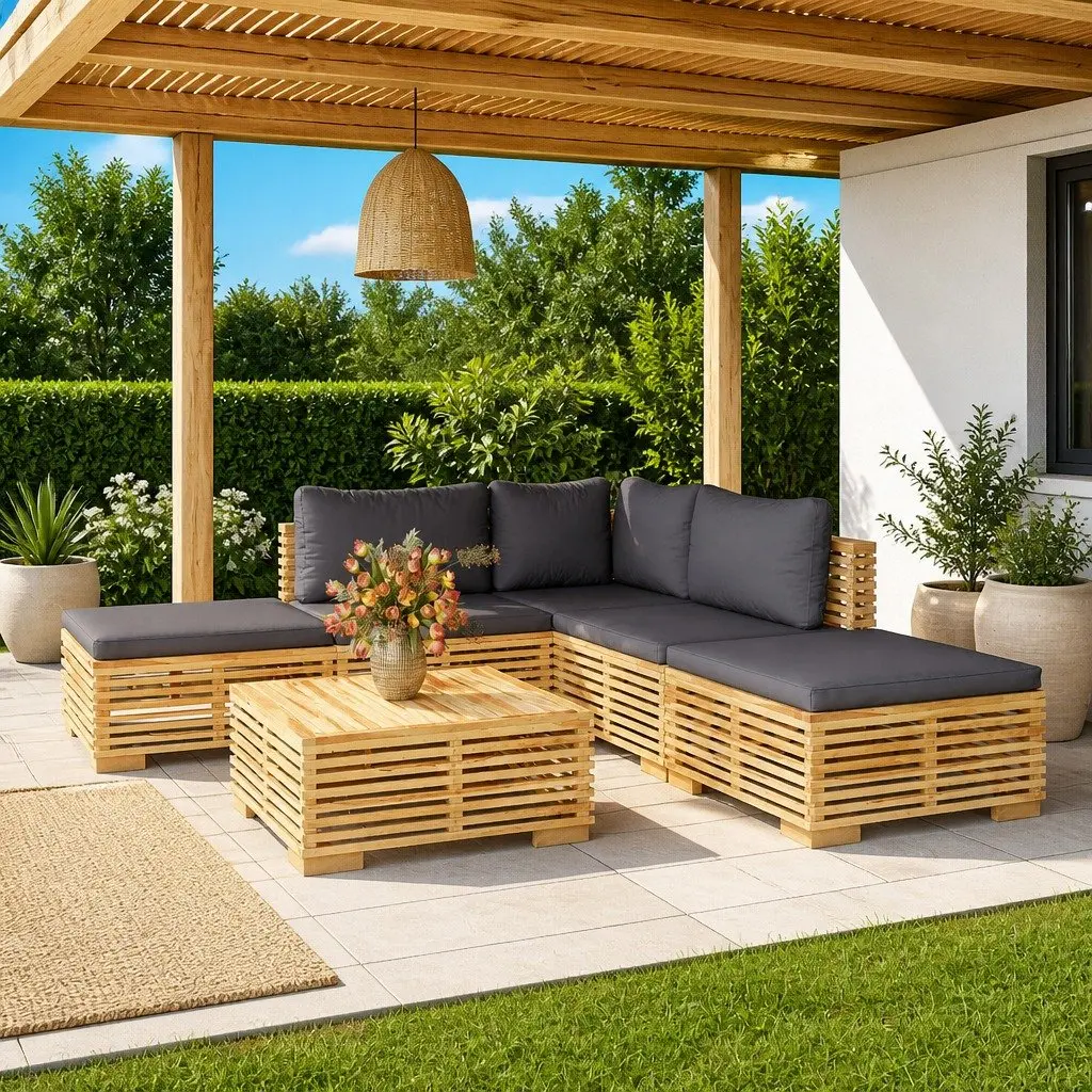 6 Piece Garden Lounge Set Solid Wood Teak with Cushions