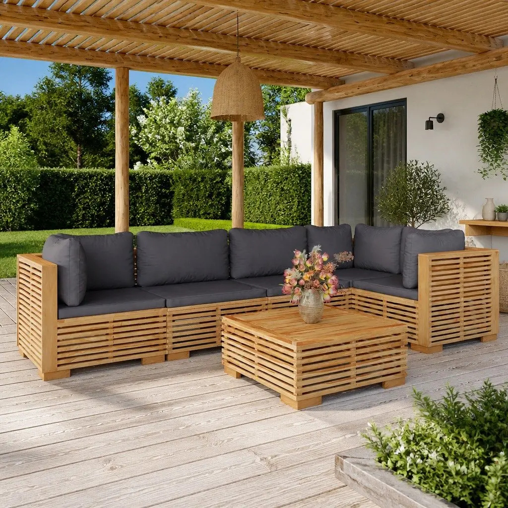 Garden Lounge Set Teak Wood 6 Piece Outdoor Furniture with Cushions Brown