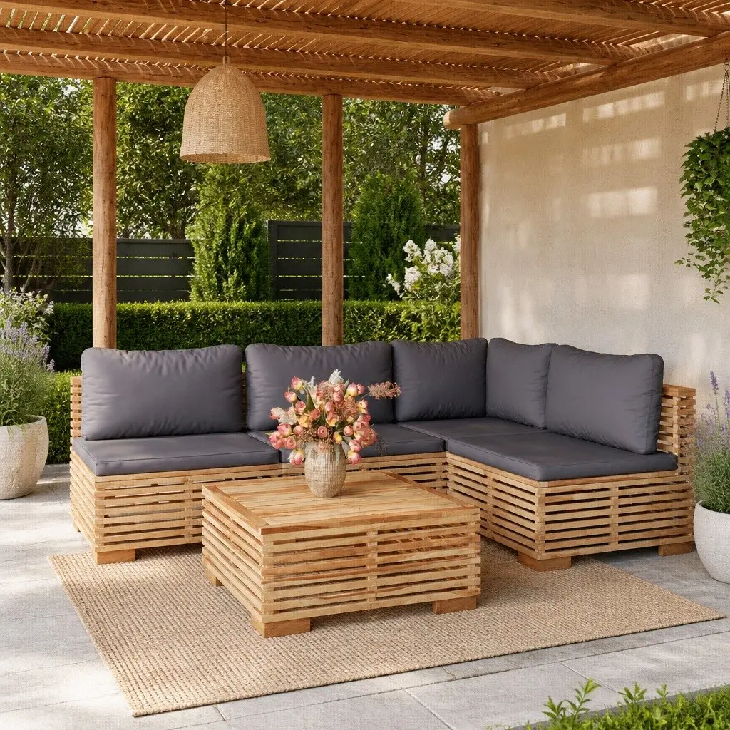 Garden Lounge Set Teak Wood with Cushions 5 Piece Brown