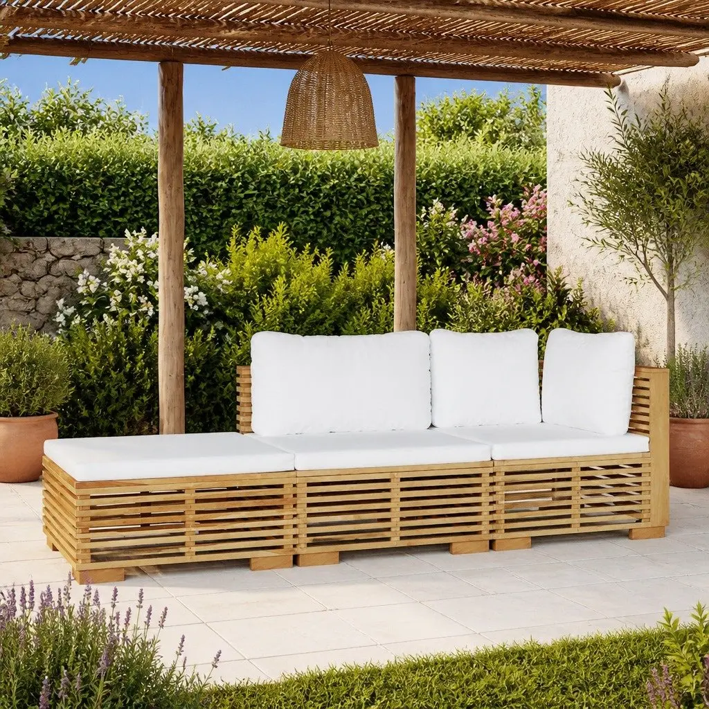 3 Piece Outdoor Lounge Set Cushioned Solid Teak Wood Garden Furniture Brown