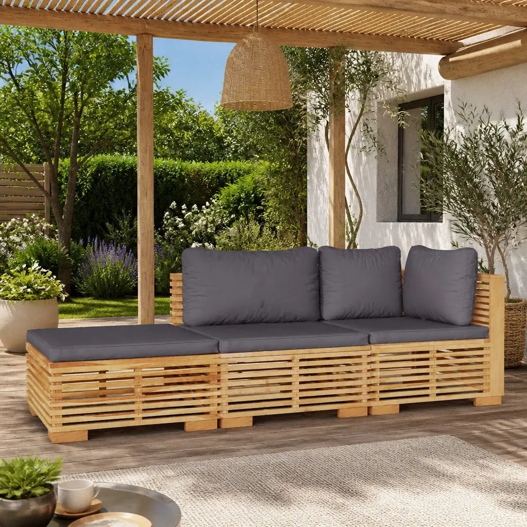 Teak Wood Brown Outdoor Lounge Set 3 Piece with Cushions Weather Resistant Furniture