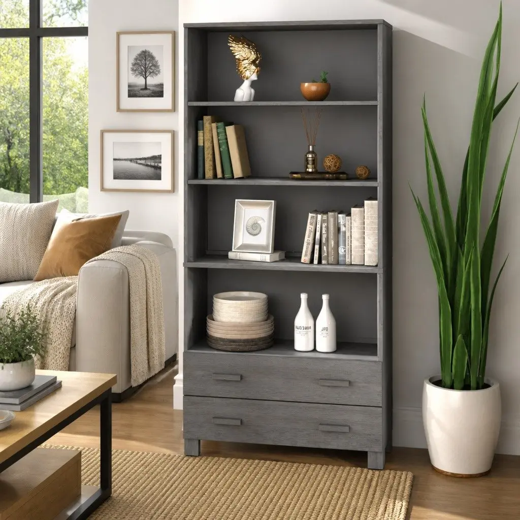 Solid Pine Wood Highboard Sideboard Grey Storage Cabinet with Open Shelves and Drawers