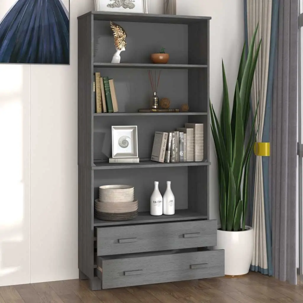 Solid Pine Wood Highboard Sideboard Grey Storage Cabinet with Open Shelves and Drawers