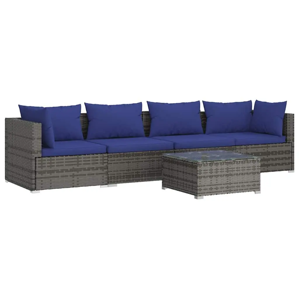 Garden Lounge Set 5 Pieces Outdoor Patio Furniture Grey Poly Rattan with