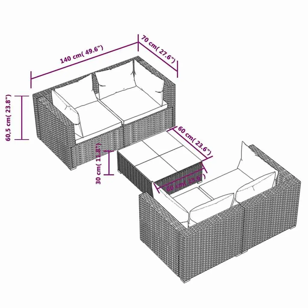 Garden Lounge Set Modular Poly Rattan Outdoor Furniture 5 Piece Grey