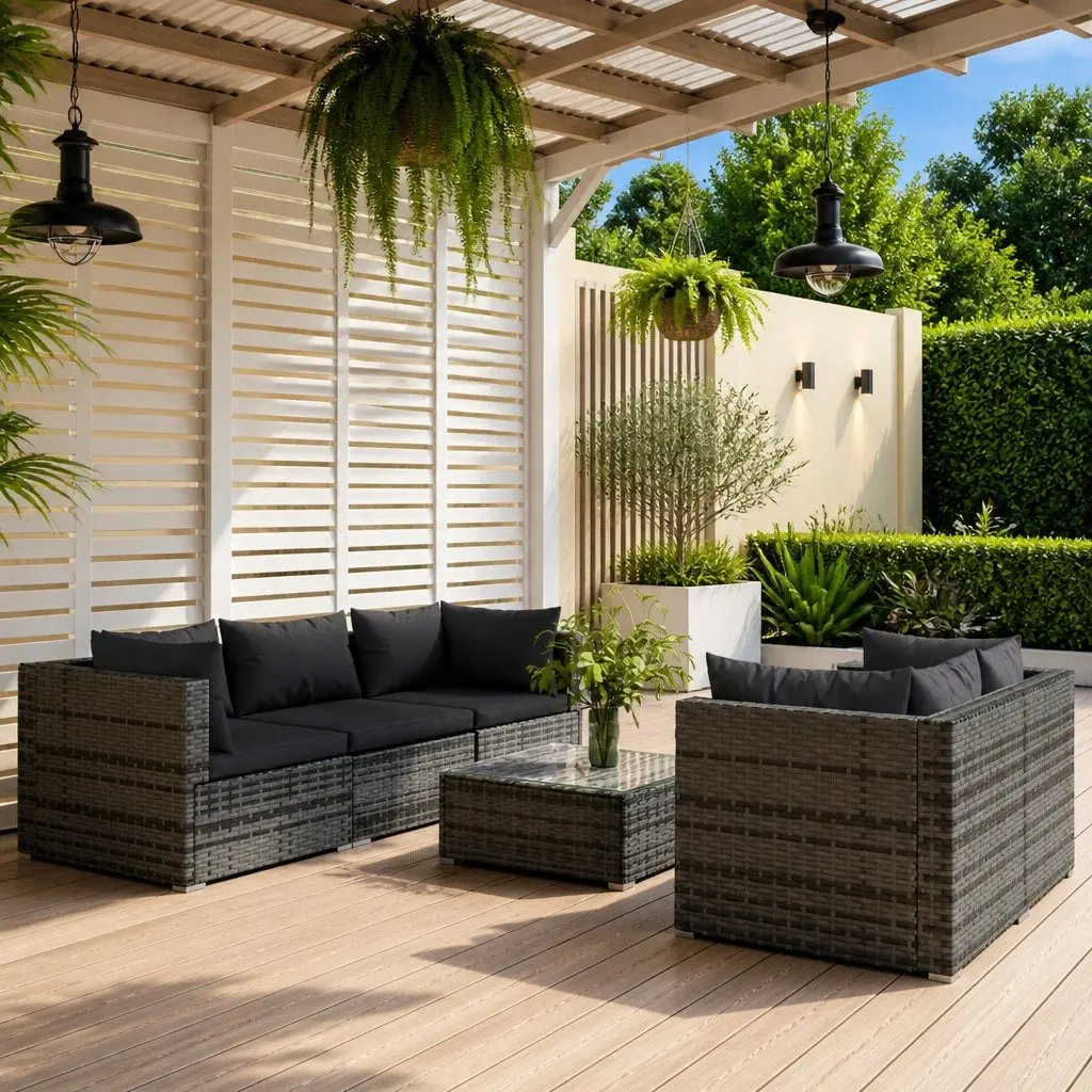6 Piece Modular Garden Lounge Set Water Resistant PE Rattan Outdoor Furniture with Cushions