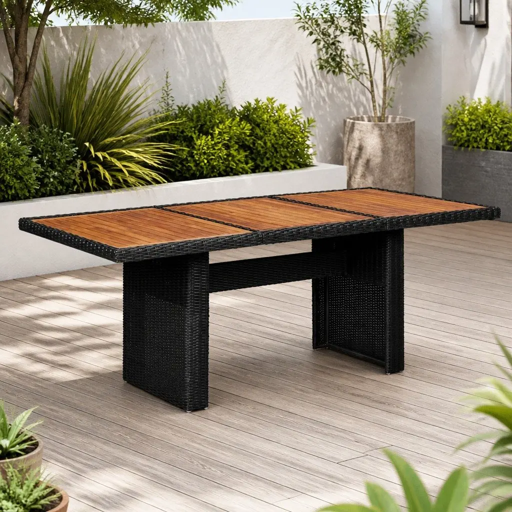 Outdoor Dining Table Black PE Rattan Steel Frame Acacia Wood Top 200 x 100 x 74 cm