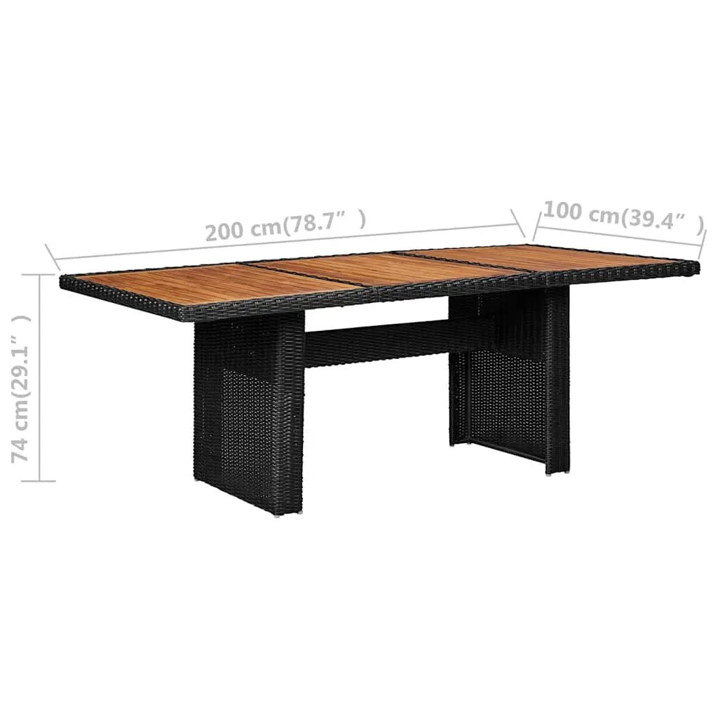 Outdoor Dining Table Black PE Rattan Steel Frame Acacia Wood Top 200 x 100 x 74 cm