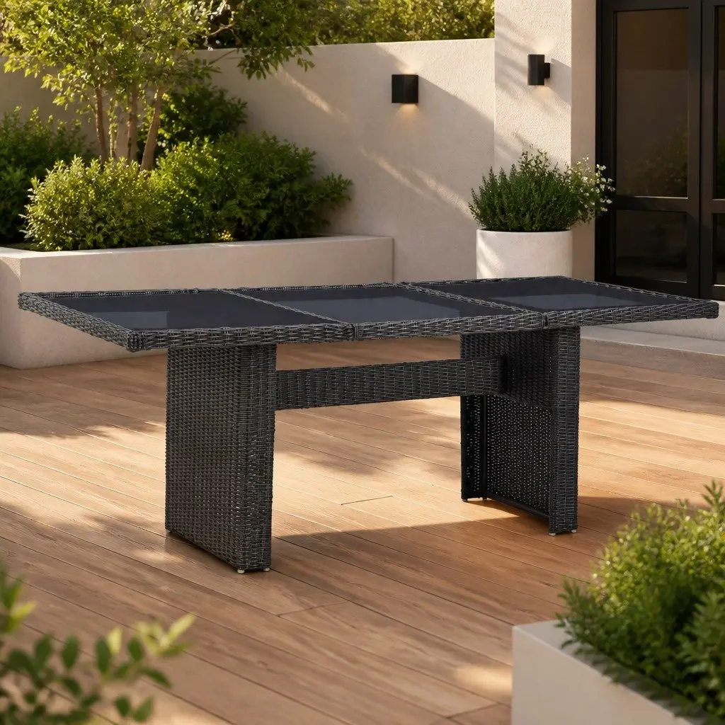 Garden Dining Table Black Glass Tabletop Rattan Frame 200 x 100 x 74 cm