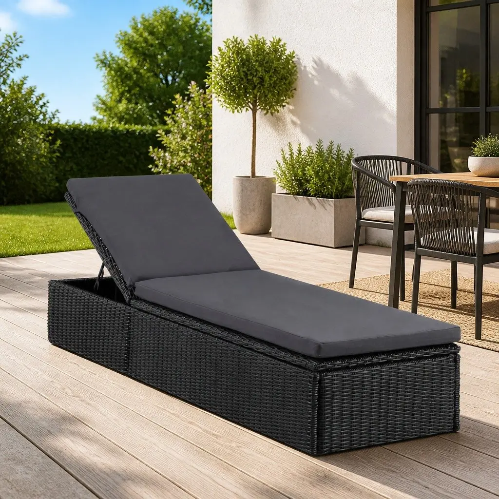 Sun Lounger Rattan Outdoor Chaise Lounge with Thickly-Padded Cushion Black