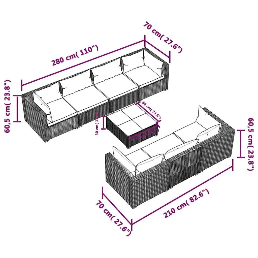 Modular Outdoor Furniture Black Poly Rattan Garden Lounge Set 8 Piece