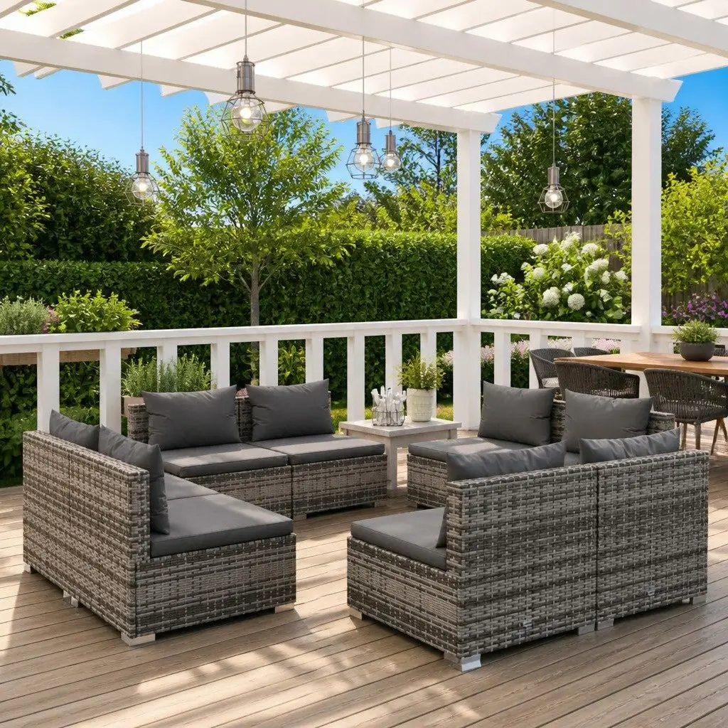 Garden Lounge Set 8 Piece Modular Outdoor Furniture with Cushions Grey Rattan