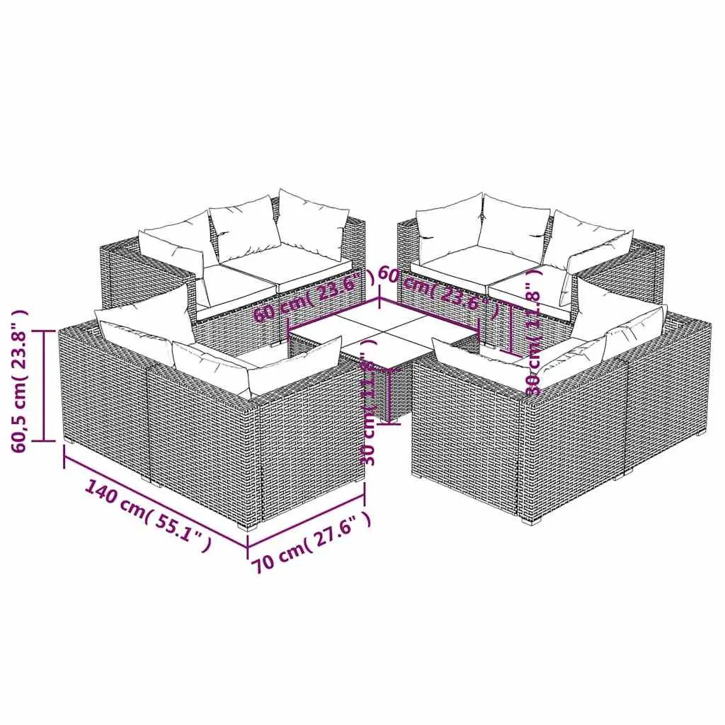 9 Piece Modular Poly Rattan Garden Lounge Set Outdoor Furniture with Cushions Black