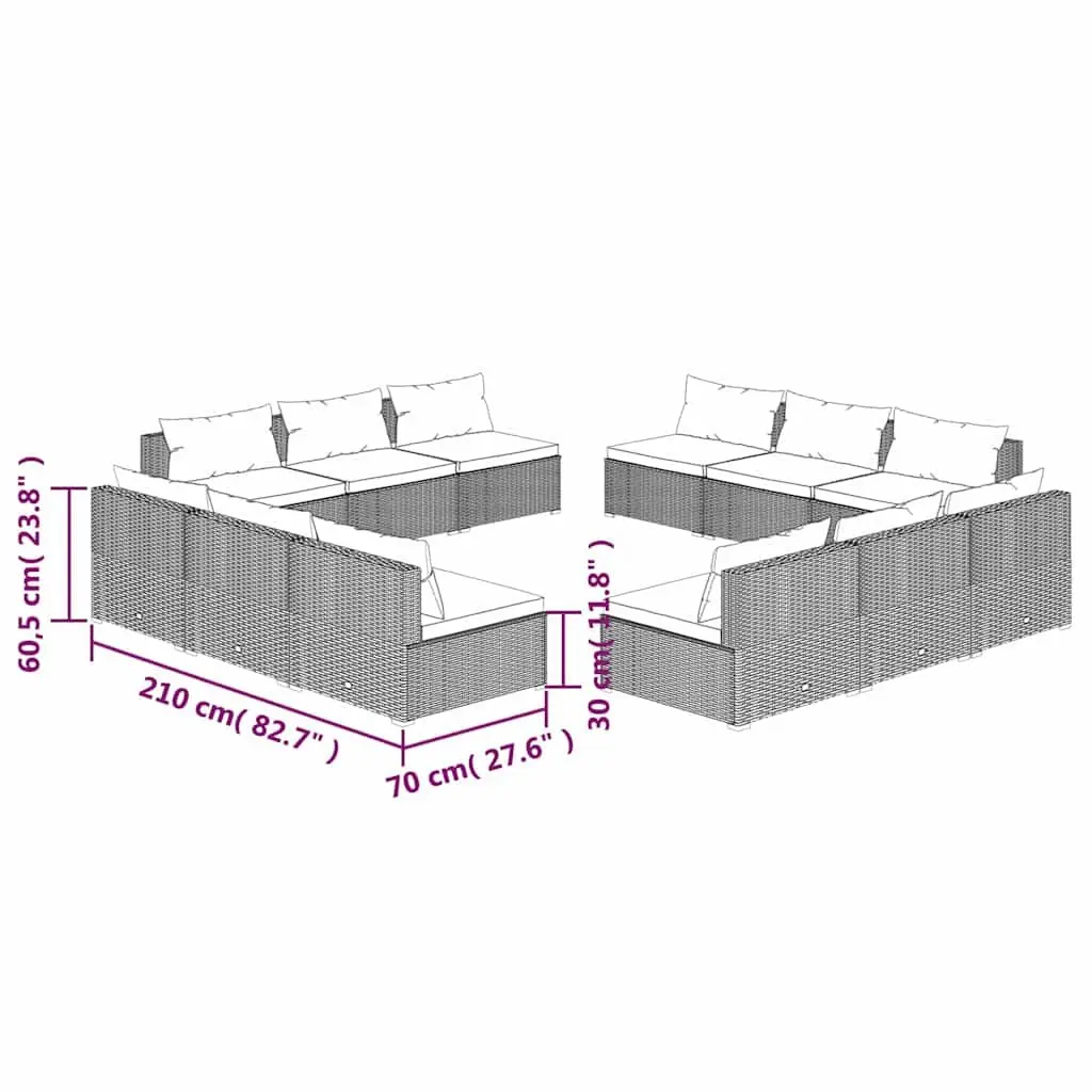 Modular Garden Lounge Set 12 Piece Outdoor Furniture Poly Rattan Black with Cushions