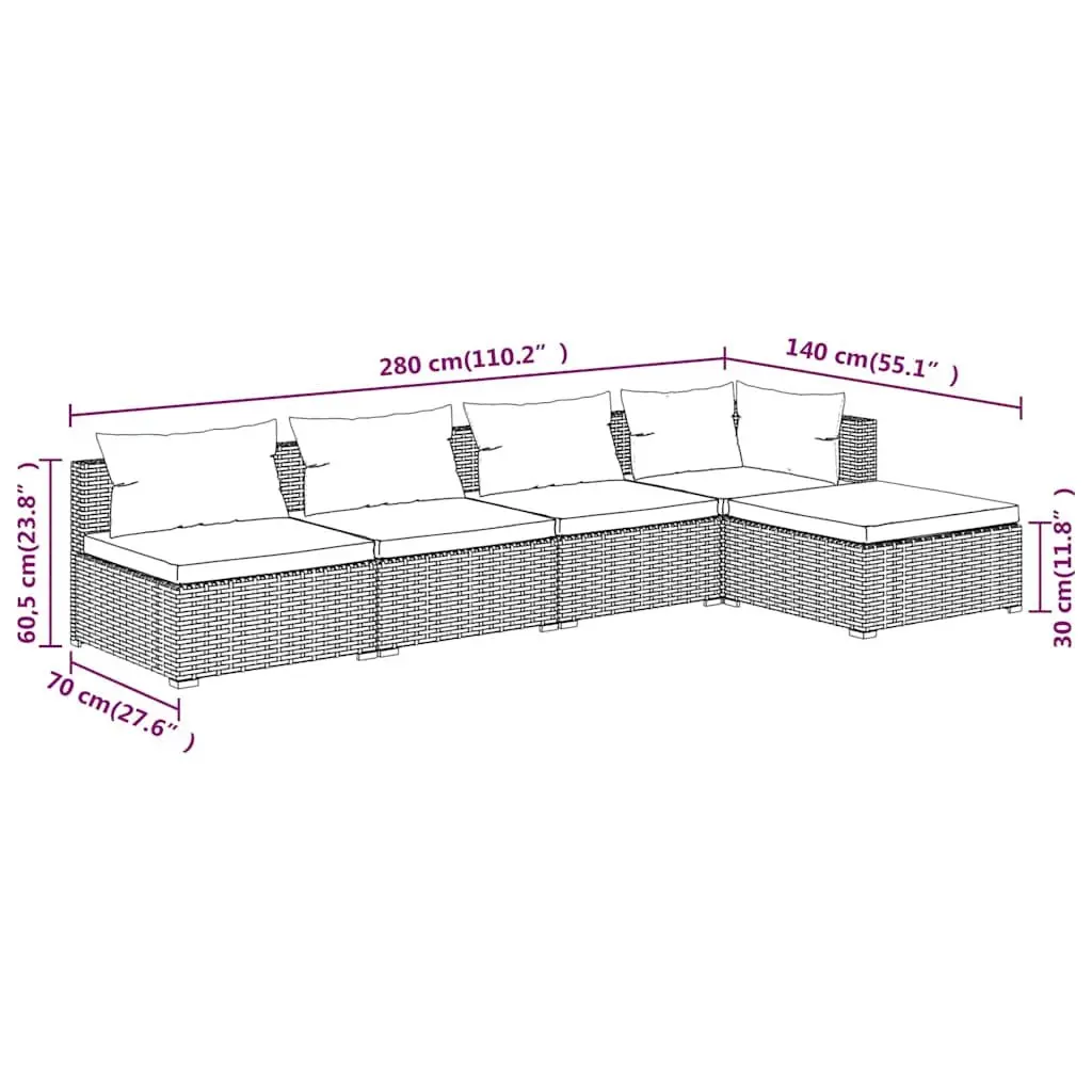 5 Piece Garden Lounge Set Outdoor Patio Furniture with Cushions Grey Rattan