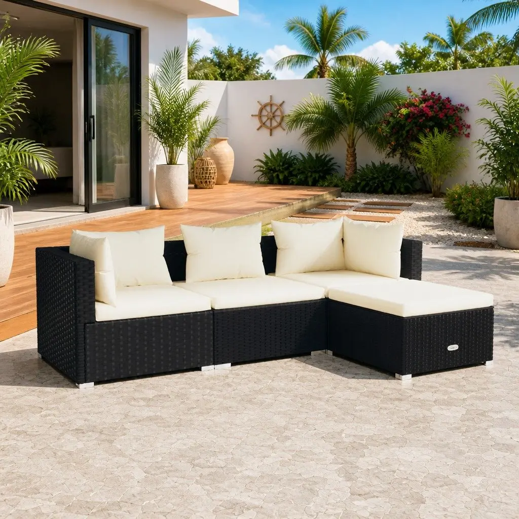 Modular Outdoor Lounge Set 4 Piece Black PE Rattan Garden Furniture