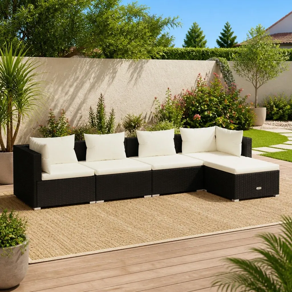 5 Piece Garden Lounge Set Modular Black Poly Rattan Outdoor Patio Sofa with Cushions