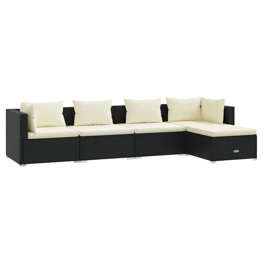 5 Piece Garden Lounge Set Modular Black Poly Rattan Outdoor Patio Sofa with Cushions