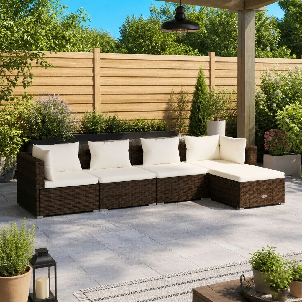 5 Piece Modular Outdoor Patio Furniture Lounge Set Waterproof PE Rattan Brown