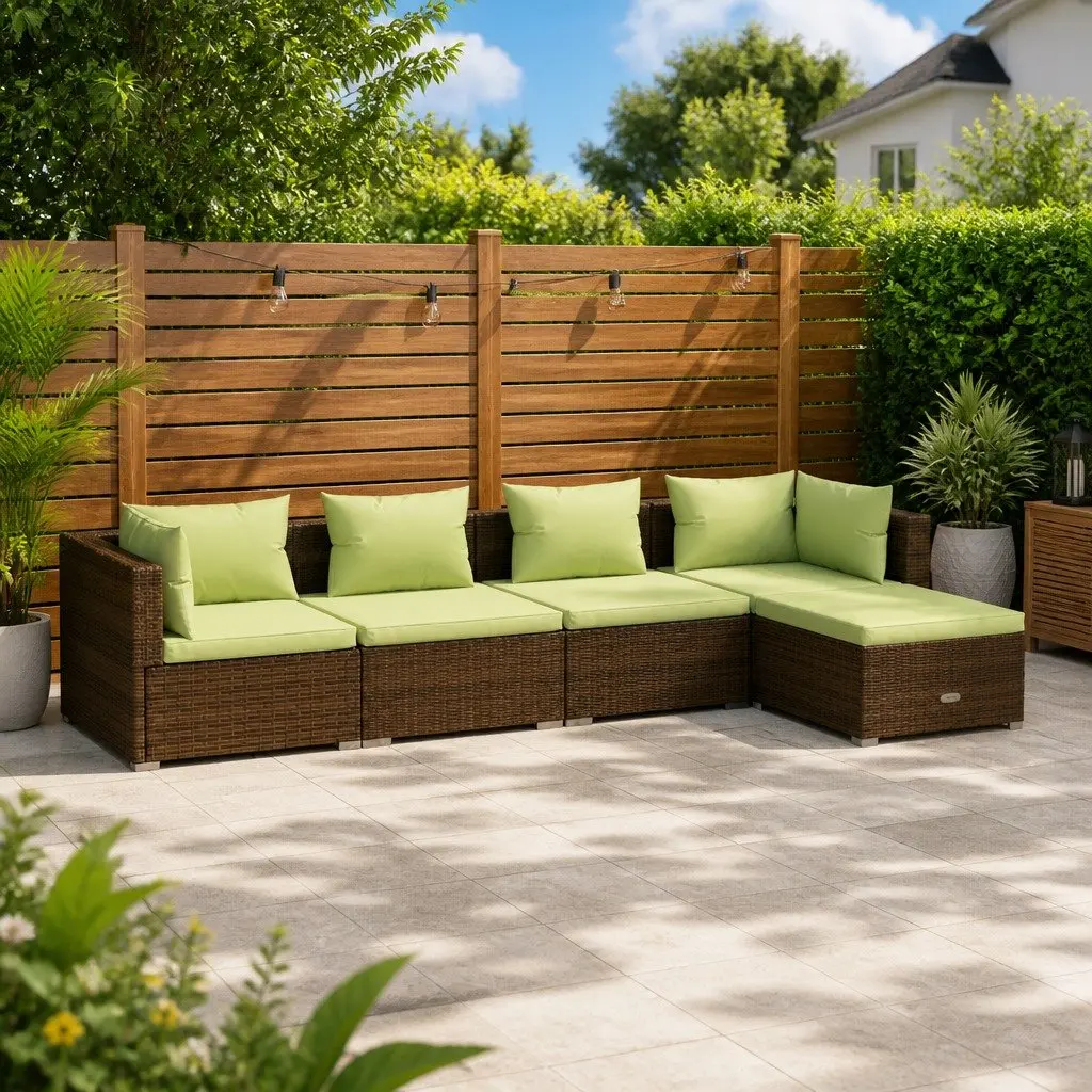 5 Piece Garden Lounge Set Brown PE Rattan Modular Sofa Outdoor Patio Furniture