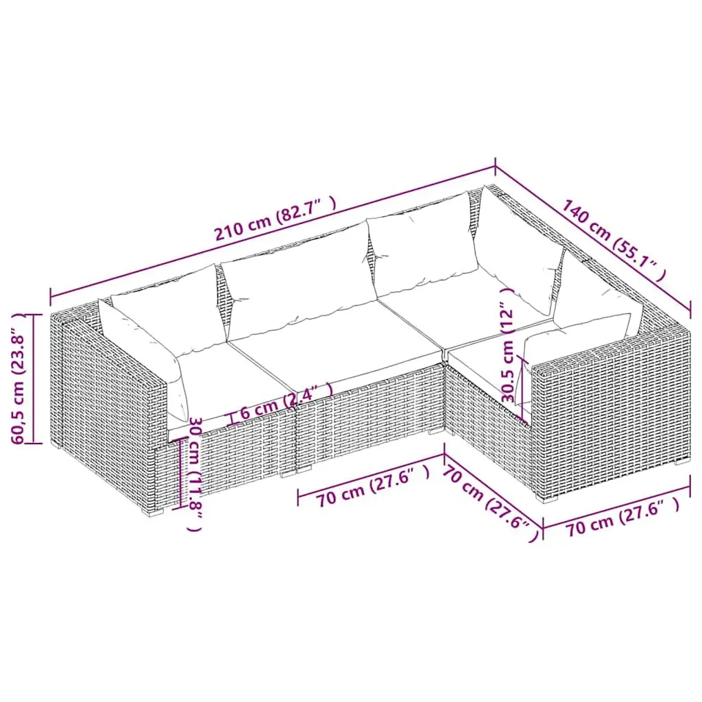 Garden Lounge Set Modular Outdoor Furniture 4 Piece Brown with Cushions