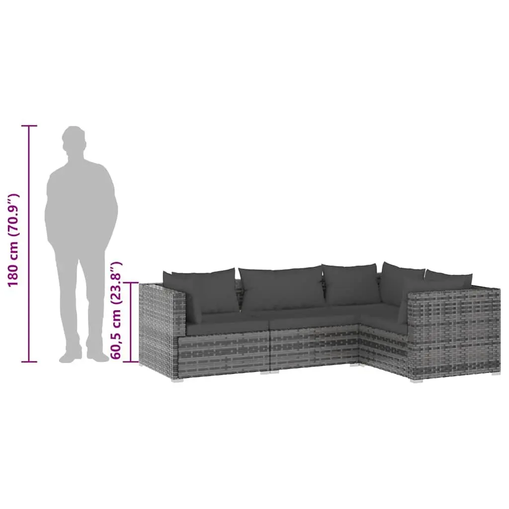 4 Piece Modular Garden Lounge Set Waterproof PE Rattan Outdoor Patio Furniture Grey with Removable Cushions