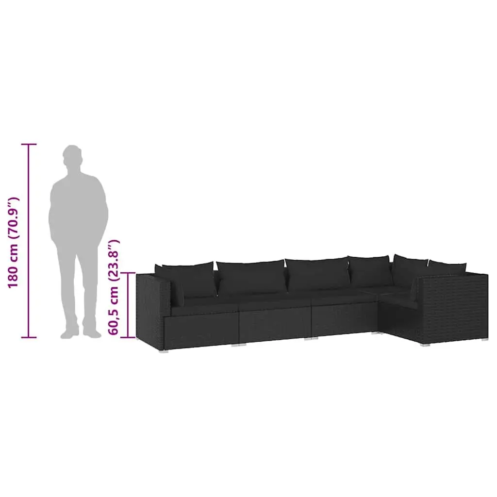 5 Piece Modular Garden Lounge Set Black PE Rattan Outdoor Patio Furniture