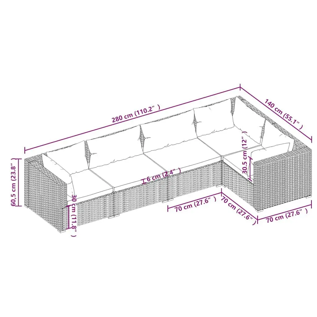 5 Piece Modular Garden Lounge Set Waterproof PE Rattan Brown Outdoor Patio Furniture