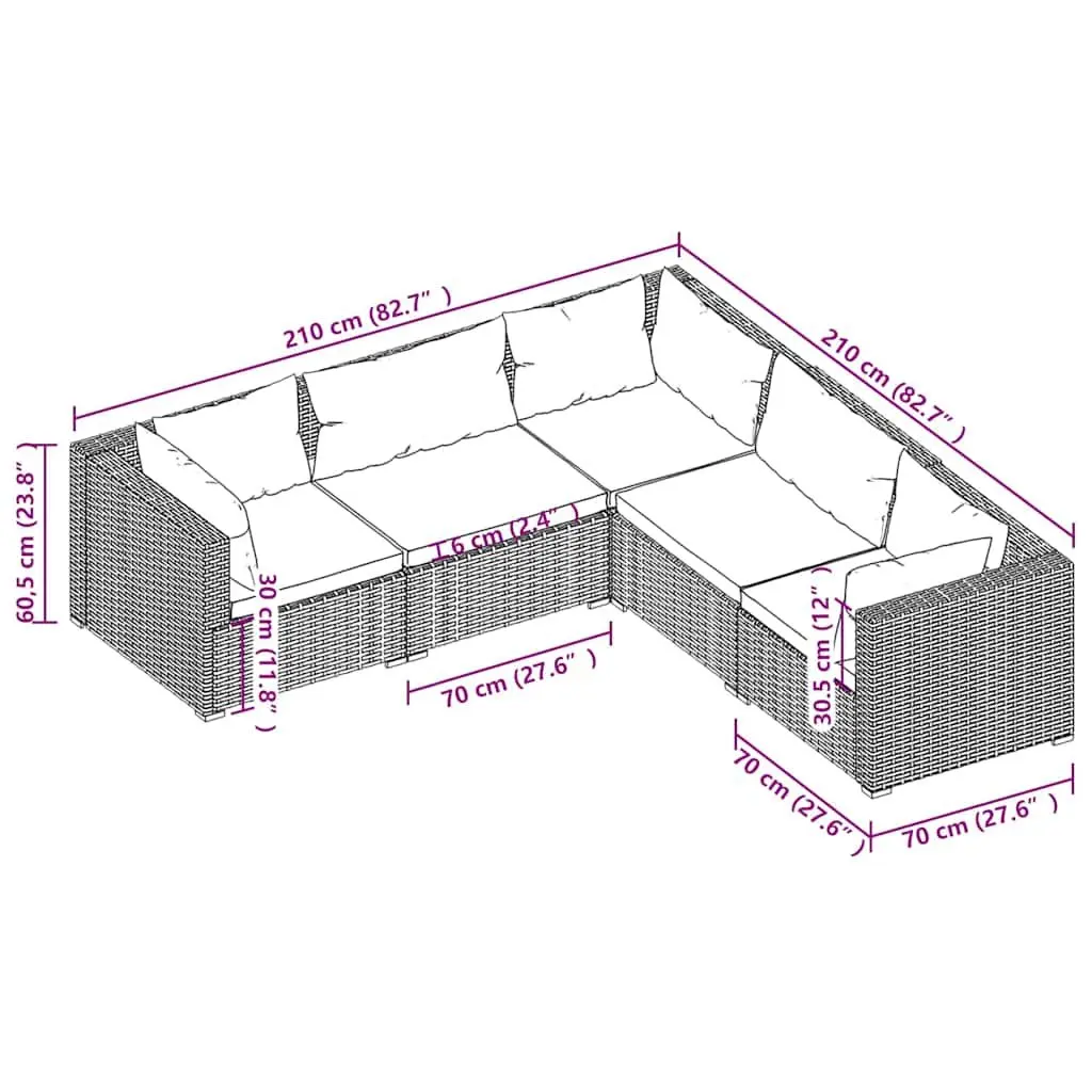 5 Piece Modular Garden Lounge Set Outdoor PE Rattan Sofa with Cushions Brown