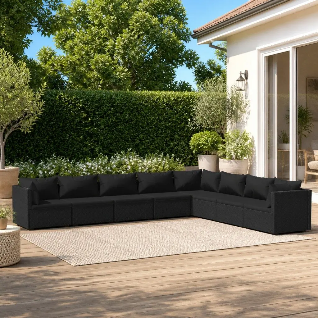 Outdoor Garden Lounge Set 8 Pieces Black Poly Rattan Patio Sofa with Cushions