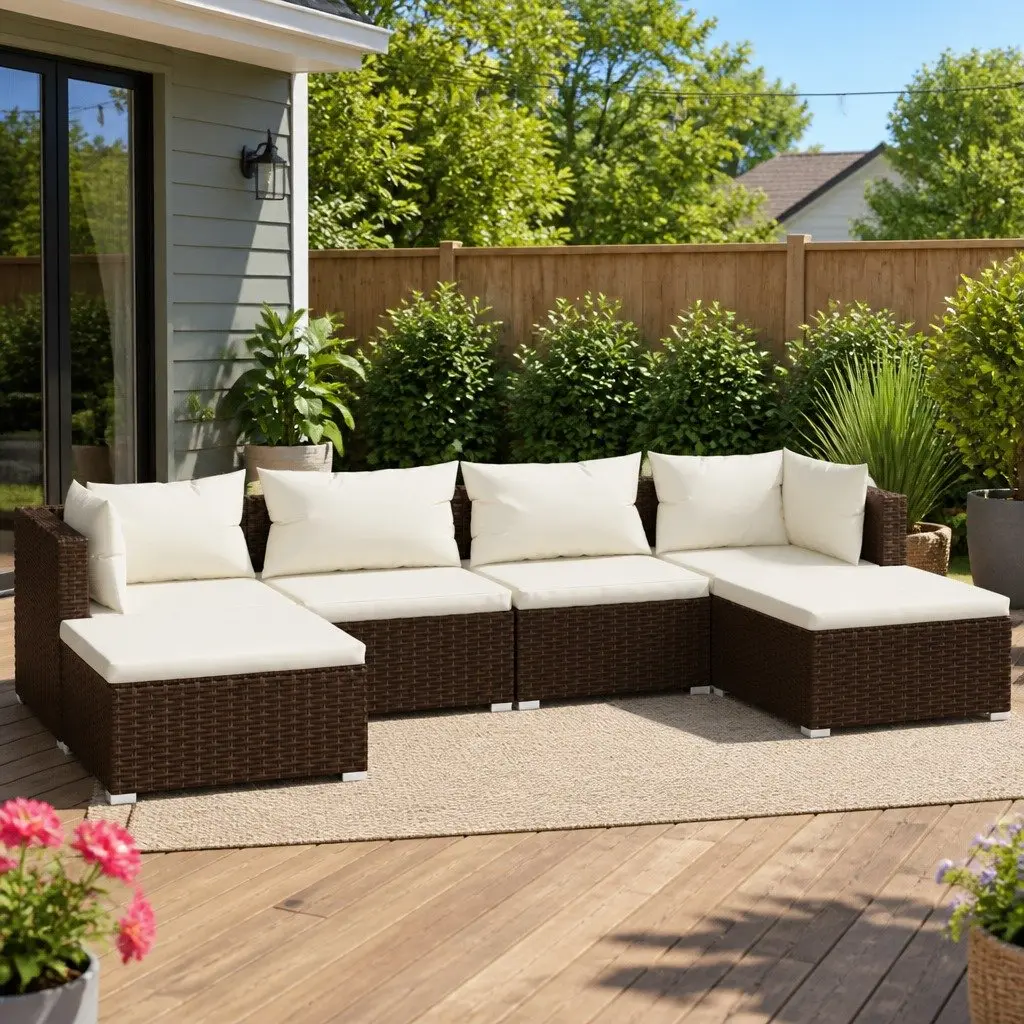 Garden Lounge Set 6 Piece Poly Rattan Outdoor Furniture with Cushions Brown
