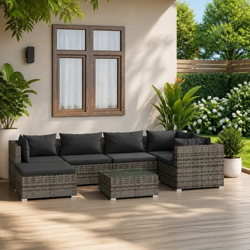 7 Piece Modular Poly Rattan Garden Lounge Set Grey