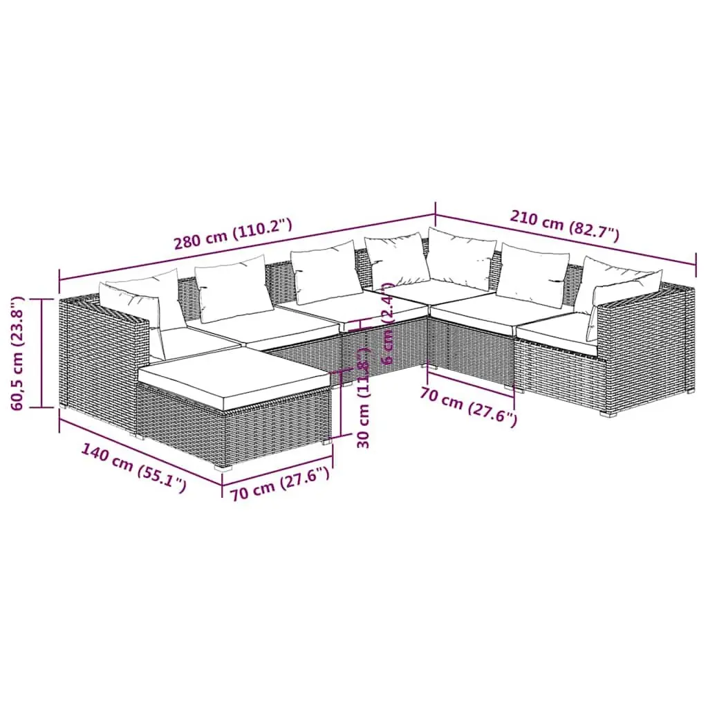 7 Piece Modular Garden Lounge Set Brown PE Rattan Outdoor Furniture