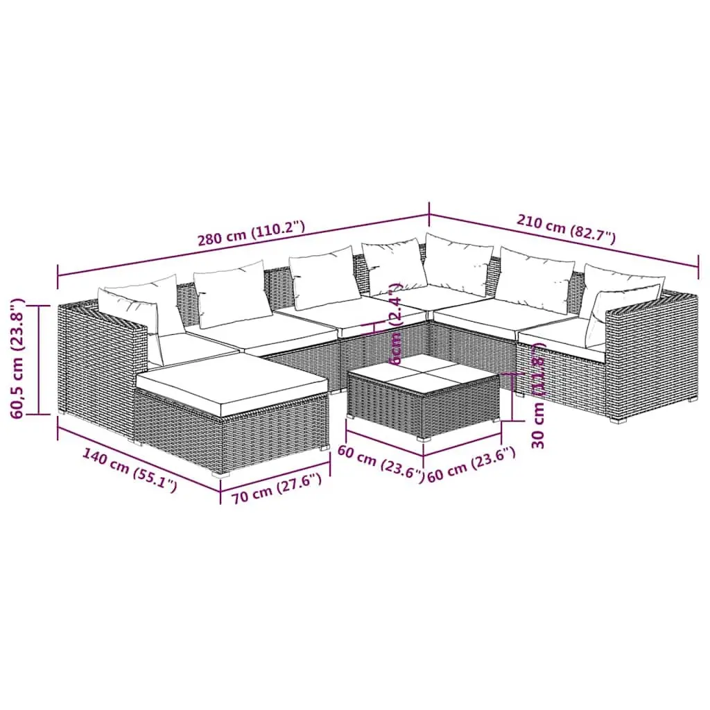 Modular Outdoor Garden Lounge Set 8 Piece Grey PE Rattan with Sturdy Steel Frame
