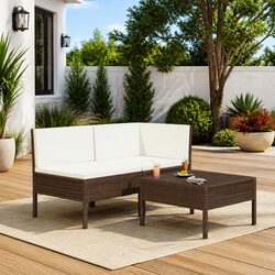 Garden Lounge Set 3 Piece Outdoor Furniture Brown Poly Rattan Sofa with Cushions